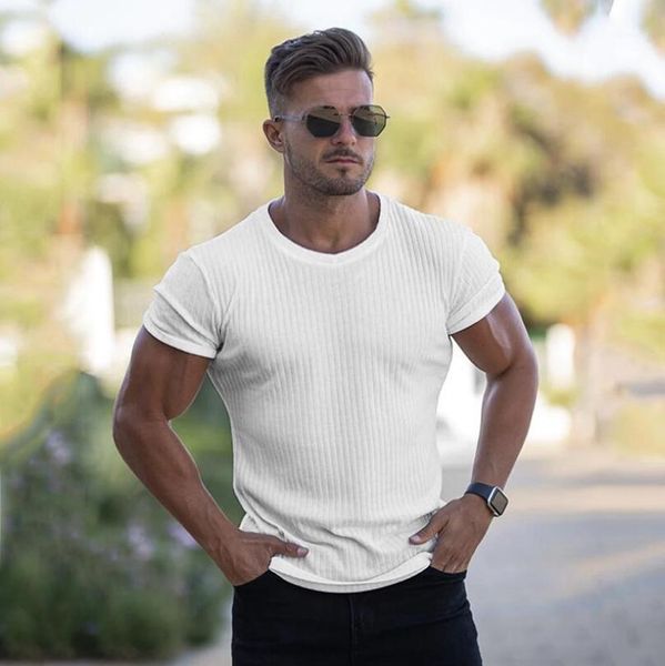 

men's t-shirts gym knitted t shirt men fitness workout skinny short sleeve t-shirt male bodybuilding sport tee summer mens clothing, White;black