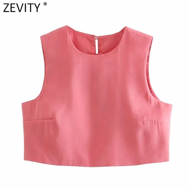 

women fashion back single breasted decoration short smock blouse lady o neck sleeveless vest shirt chic crop ls9309 210420, White