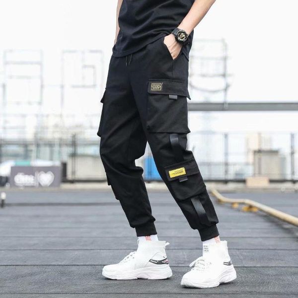 

running pants men's side pockets cargo harem 2021 ribbons black hip hop casual male joggers trousers fashion streetwear, Black;blue