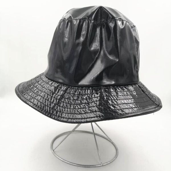 

cloches pu waterproof bucket hat women rain hip hop caps leather bobs solid color h3, Blue;gray