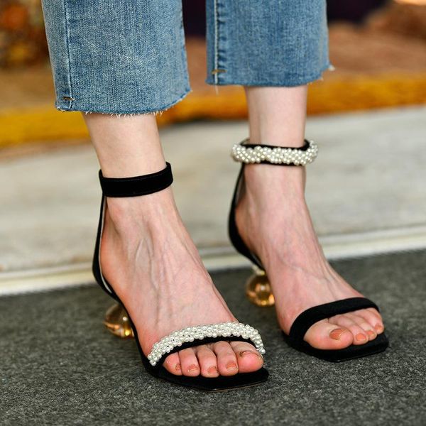 

sandals roman lady french pearl string high heeled romantic benchmark women summer shoes, Black
