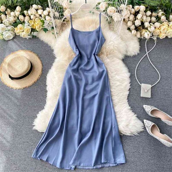 

elegant feminine blue dress summer women fashion high waist slim sleeveless solid color vestidos n446 210527, Black;gray
