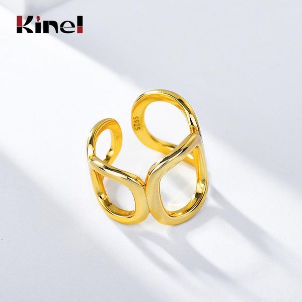 

kinel european and american fashion exaggerated hollow width surface 18k real gold plated rings for women silver 925 jewelry cluster, Golden;silver