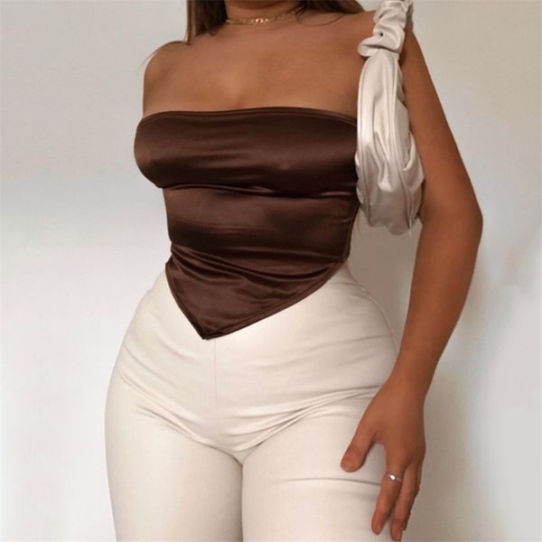 Verão Brown Brown Hem Irregular Strapless Cetim Y2K Crop Tops Mulheres Black Bandage Gravata Up Backels Party Tube Top Clubwear 210510