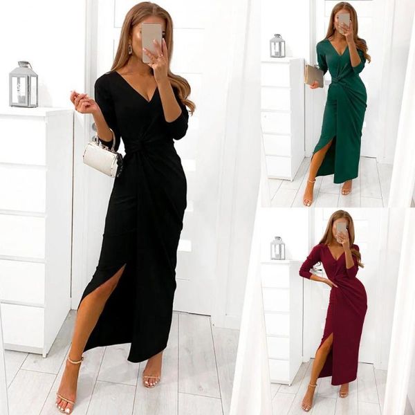 

casual dresses 2021 vneck party dress solid color comfy high waist long sleeve irregular side split floor-length banquet sati, Black;gray