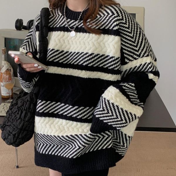 

women's sweaters autumn and winter korean 2021 loose medium length lazy wind pants missing stripes wear long sleeved sweater, White;black