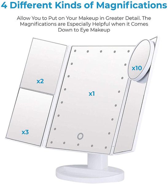 

tri-fold led makeup mirror with 22 lights, deskmirror, 1x / 2x 3x magnification, 180Â° rotation, touch dimmer mirrors