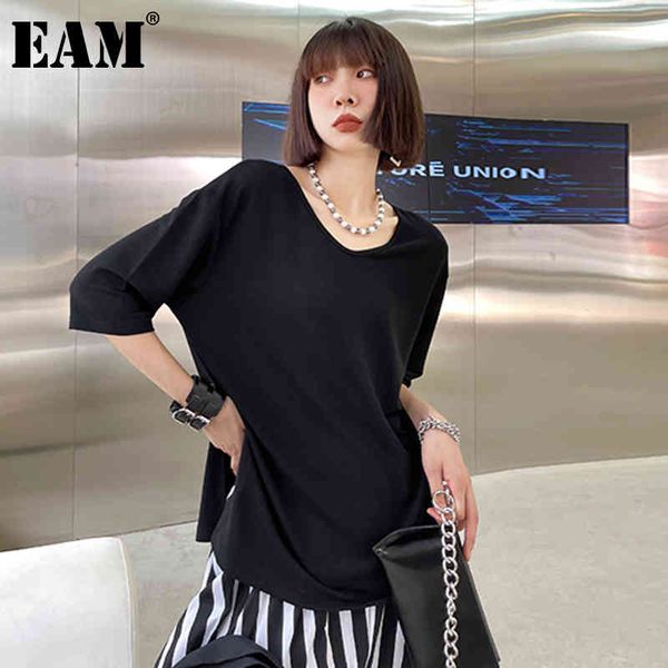 

[eam] women black big size casual hollow out chain slit t-shirt round neck half sleeve fashion spring summer 1dd7985 21512, White