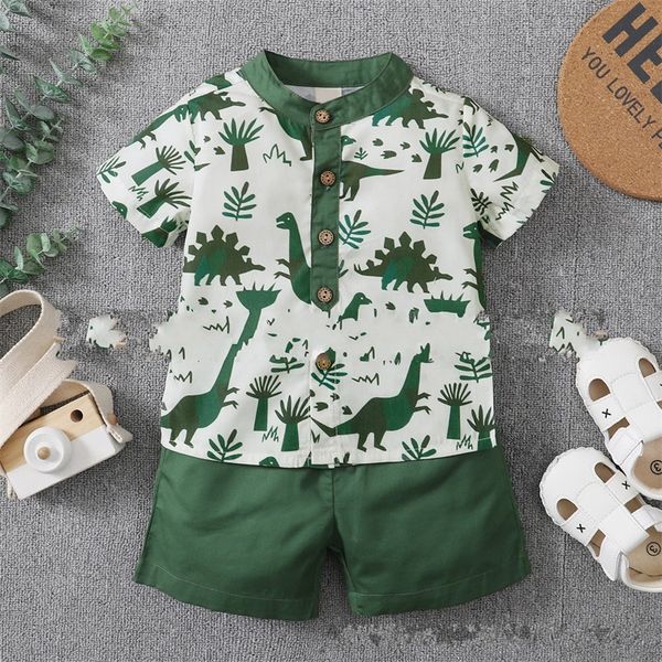 Toddler Boy Boy 2pcs roupas de verão conjuntos de mangas curtas Botão de impressão de dinossaur