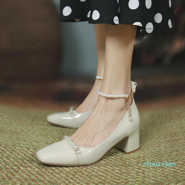 

women's thick heel spring 2021 french style retro wedding shoes square toe mary jane shallow mouth pearl high heels women dress, Black