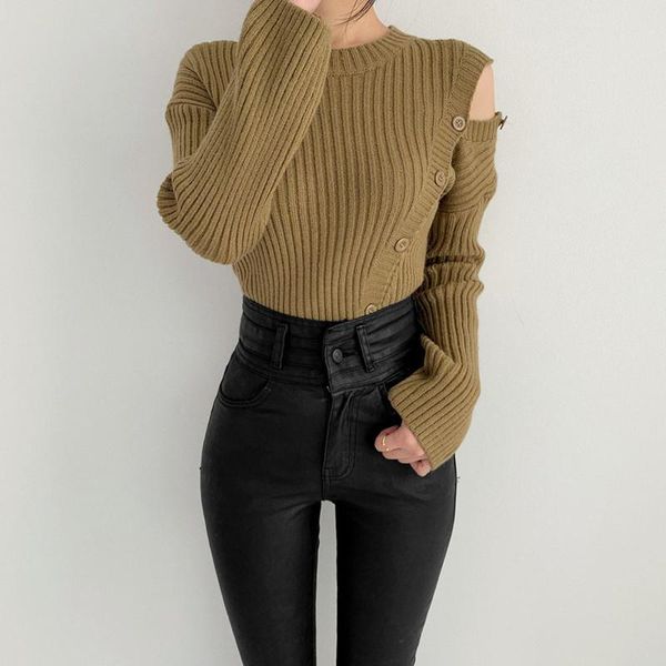 

women's sweaters autumn fashion korean women sweater 2021 elegant small button off shoulder long sleeve knisweaters female, White;black