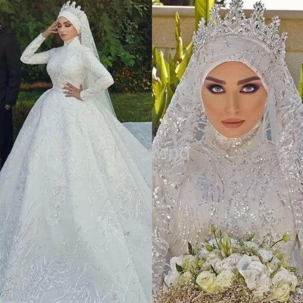 Lantejoulas brilhantes vestidos de casamento muçulmanos com hijab mangas compridas beading plus size vestidos nupciais árabe ee 2022