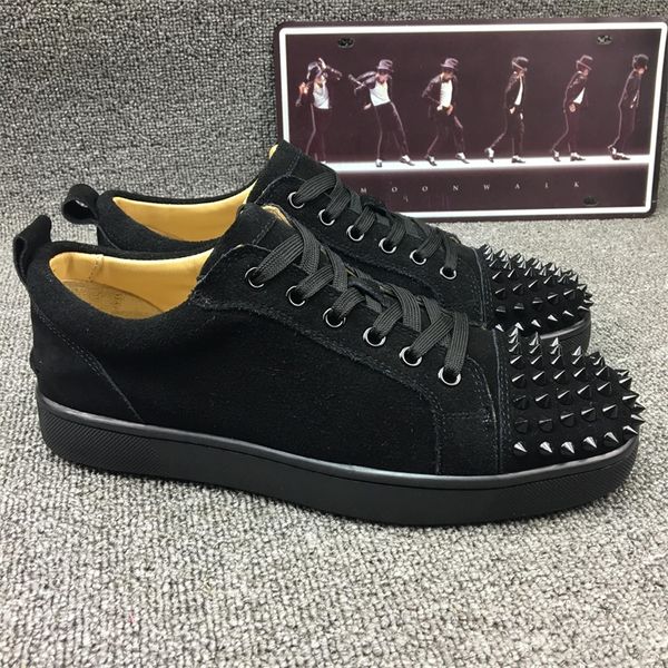 

[original box] low red bottom women party wedding casual shoes sneaker luxury genuine leather louisfalt spikes lace-up men, Black