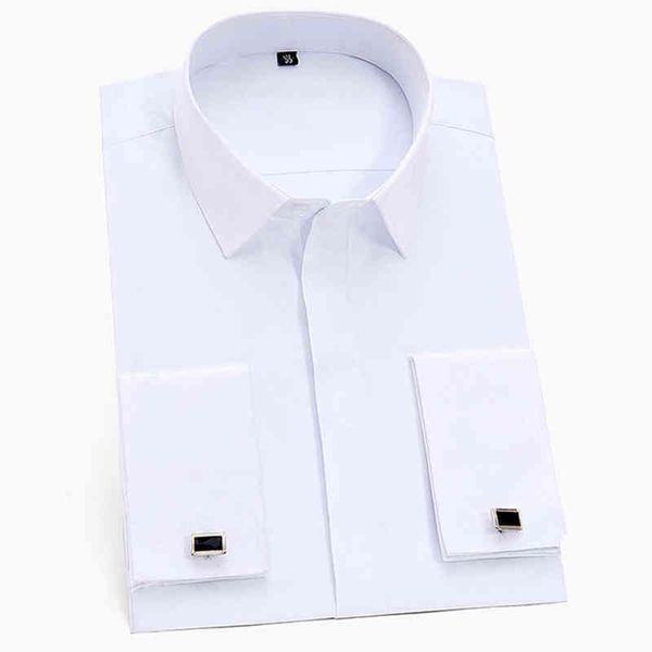

men's classic french cuffs solid dress shirt covered placket formal business standard-fit long sleeve office work white shirts w220216, White;black