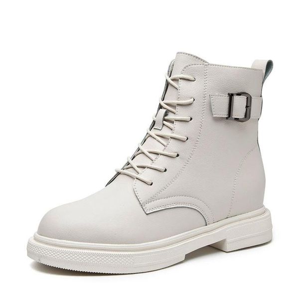 

boots leather real woman ankle buckle fashion platform cross strap winter shoes women warm zipper footwear, Black
