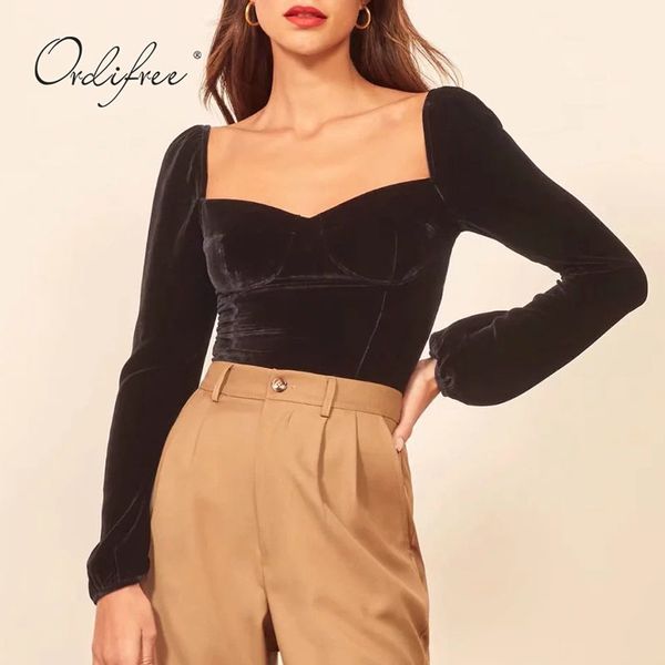 

spring summer women velvet long sleeve vintage short blouse 210415, White