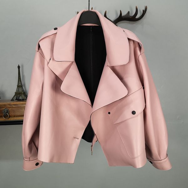 

shorts autumn winter designer women real sheepskin short jackets loose turn down collar motocycle genuine leather coats a204, White;black
