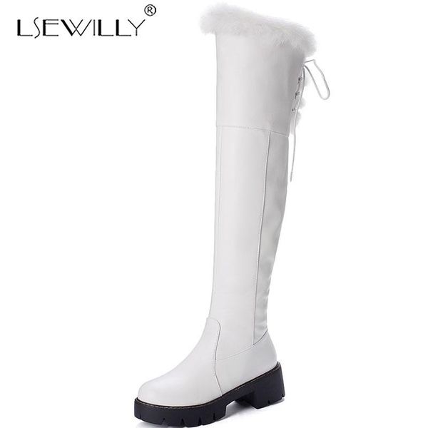 

boots lsewilly size 33-43 warm thermal thick faux fur thigh high for women lace up zip chunky heels platformed white shoes, Black