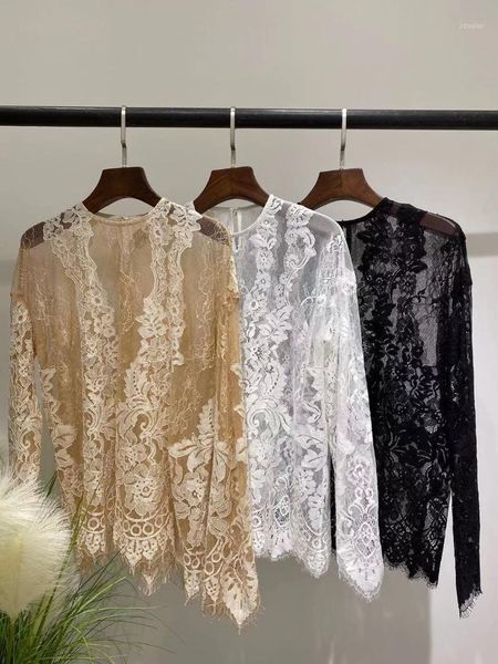 

women elegant embroidery lace blouse shirt petal long sleeve pullover ladies 2021 summer o-neck women's blouses & shirts, White