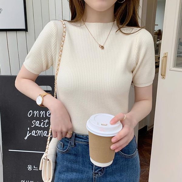 

short-sleeved women's knitted spring white bottoming shirt slim slimming t-shirt