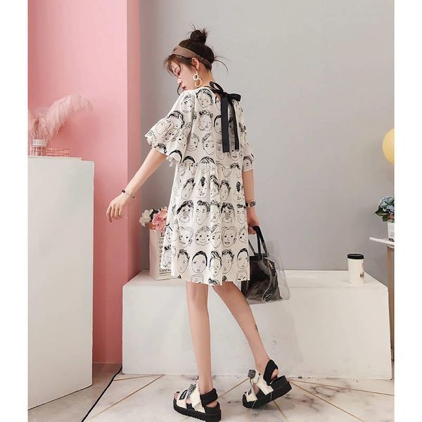 

women elegant dress cartoon prinnt short sleeve o neck female casual fashion chic dresses cap vestidos harajuku kawaii girls, Black;gray