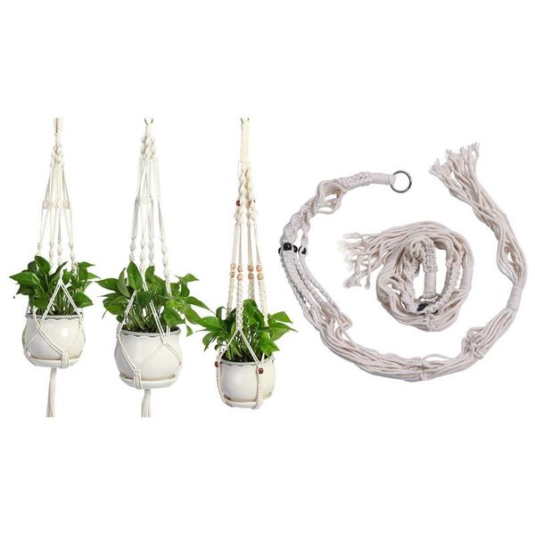 

planters & pots 2 set macrame plant hanger kit white indoor outdoor hanging planter basket cotton rope, 1 2pcs