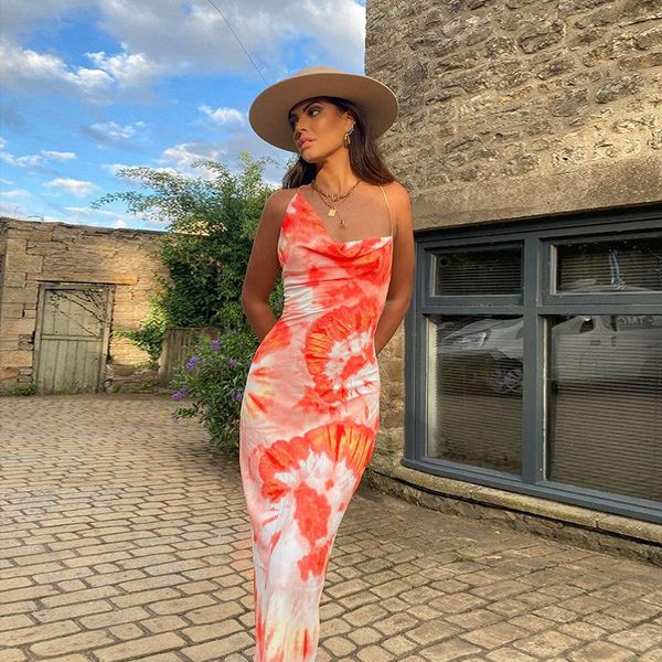 

casual dresses summer beach midi dress tie dye print backless bandage bodycone sundress elegant lady women club party holiday cami, Black;gray