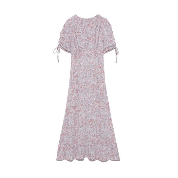 

kuzuwata v neck slim waist print trumpet dress 2021 spring summer japan style women dresses sweet puff short sleeve vestidos, Black;gray
