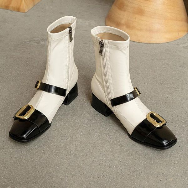 

boots 2021 winter ankle women's shoes genuine leather metal buckle decoration motorcycle female bottes femme, Black
