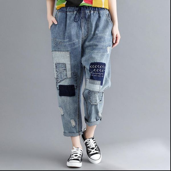 

fashion patchwork womens pants denim summer elastic waist hole tie casual ankle length women vintage jeans, Black;white