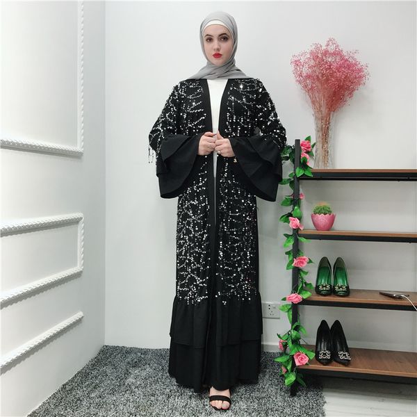 

islamic clothing muslim abaya dress women flare sleeve ruffle jibab kimono caftan long robe elbise sequin dress lace-up jubah, Red