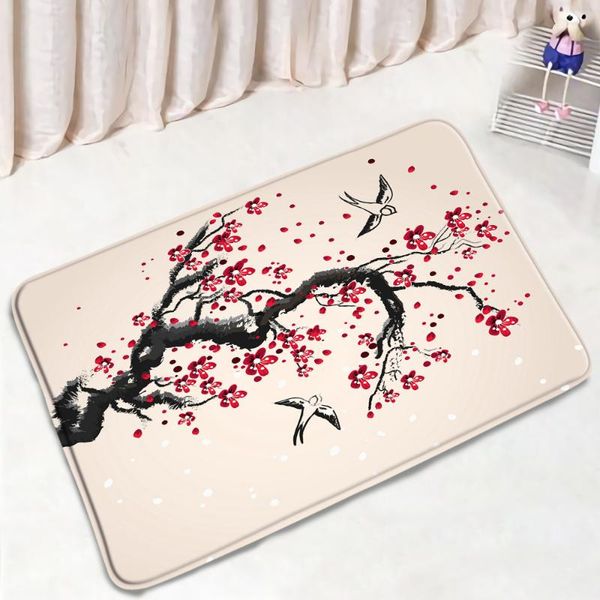 

bath mats chinese style bathroom mat water ink red plum pattern non-slip rugs flannel suede home decor kitchen doorway aisle carpet