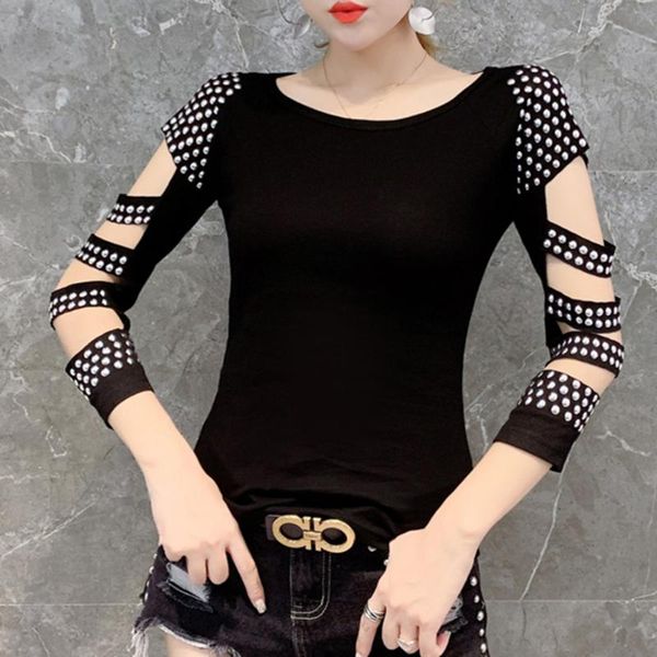 

women's t-shirt female tshirt plus size mesh shirt diamond slim 2021 long sleeve t black woman korean clothes, White