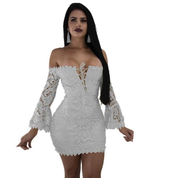 

casual dresses white lace off shoulder mini dress hollow out long sleeve vestidos women solid slash neck vintage black, Black;gray