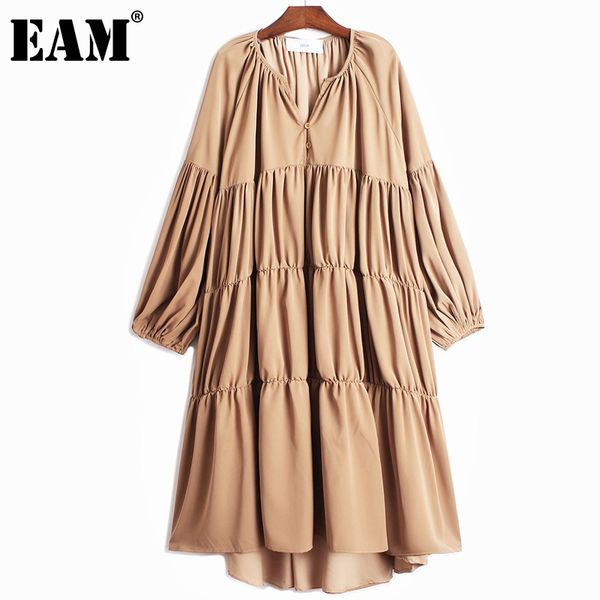 

[eam] women camel pleated long big size irregular dress v-neck long sleeve loose fit fashion spring autumn 1dd616 210512, Black;gray
