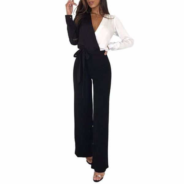 

women's jumpsuits & rompers long sleeved jumpsuit v-neck autumn and winter asymmetric contrast color wide leg body women lc64467 s-xl, Black;white