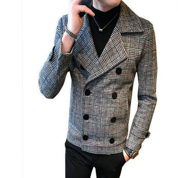 

men's jackets coat 2021 spring and autumn retro lapels double breasted long sleeve plaid woolen, Black;brown