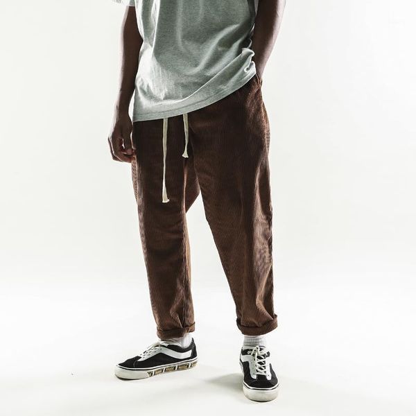 

hip hop corduroy pants men dark streetwear trousers cotton harajuku oversized joggers brown elastic waist men's, Black