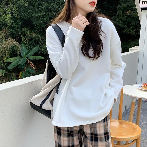 

women's t-shirt alien kitty thicken o-neck loose tees fashion 2021 slim basewear solid female full sleeves all-match office lady t-shi, White