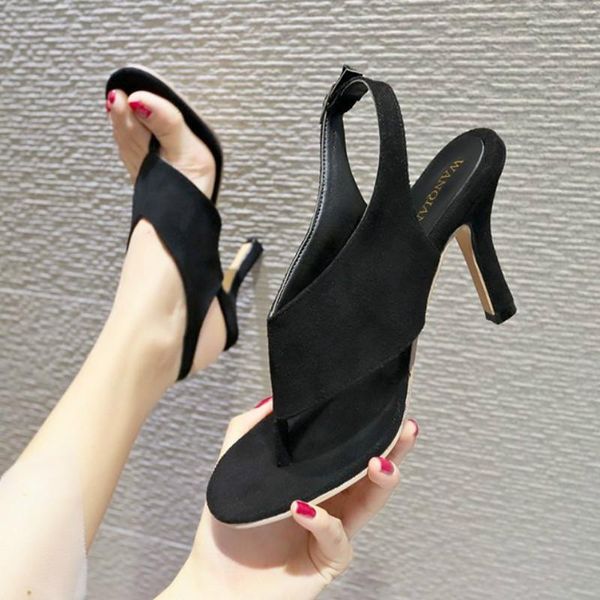 

summer women shoes sandals fashion high heel flock party buckle solid thin heels word band toe large size 8ccm, Black