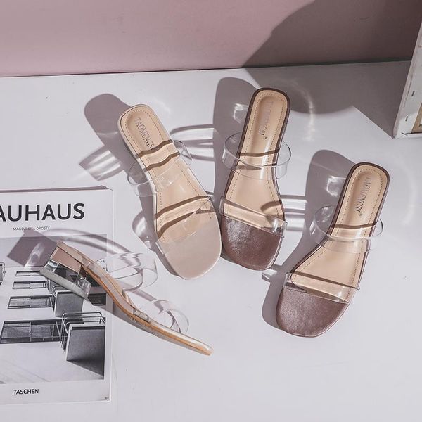 

slippers for women's outer wear with transparent thick heel sandals and slippers, all-match crystal mid-heel shoes, Black