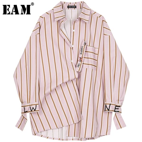 

[eam] new spring autumn lapel long sleeve red striped printed letter big size shirt women blouse fashion tide jq226 210410, White