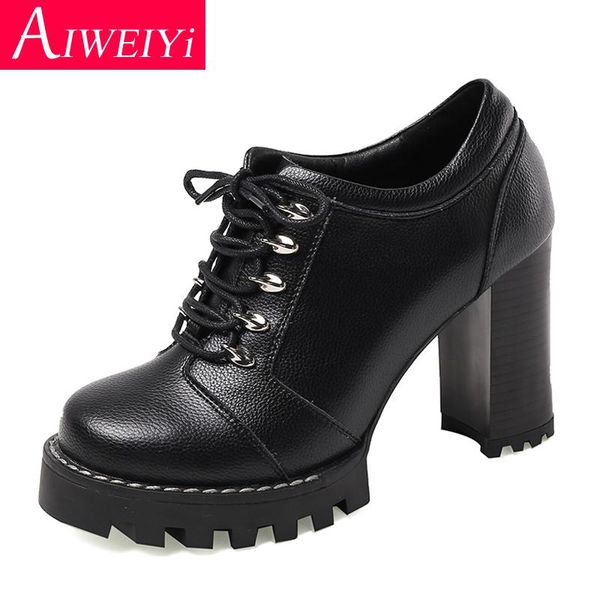 

dress shoes genuine leather woman high heels black beige round toe lace up platform spring autumn party pumps