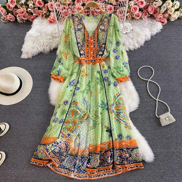 

spring autumn women's dress retro korean printed long sleeve split chiffon female holiday beach dresses casual, Black;gray