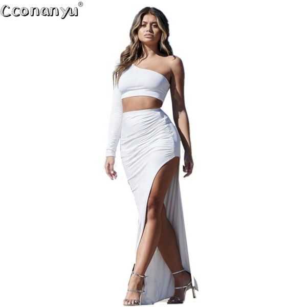 

women two piece set one shoulder long sleeve crop and side split pleated long skirt women two piece set 210407, White