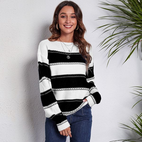 

european american new women's knits & tees black slash neck striped matching long sleeve knitted sweater loose autumn winter clothing, White