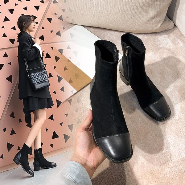 

boots ins women ankle plus size 22-26.5cm leather fleece stitching cowhide spring and autumn side zipper skinny, Black