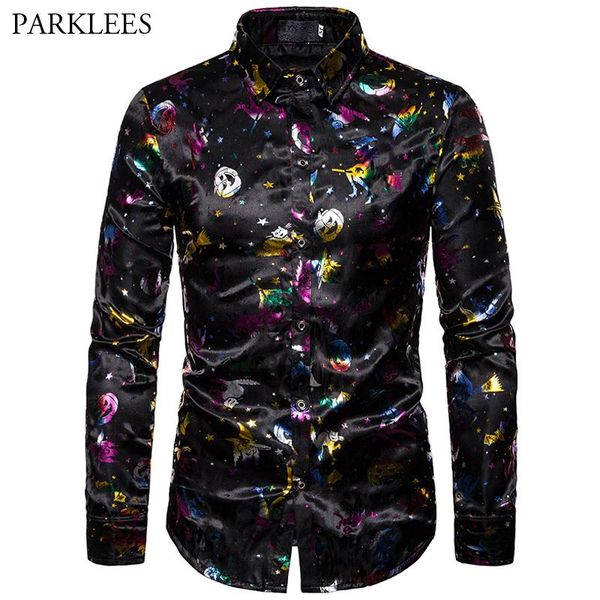 

men's casual shirts trendy nightclub shiny design pattern fashion lapel bar party halloween long-sleeved shirt men clothing, White;black