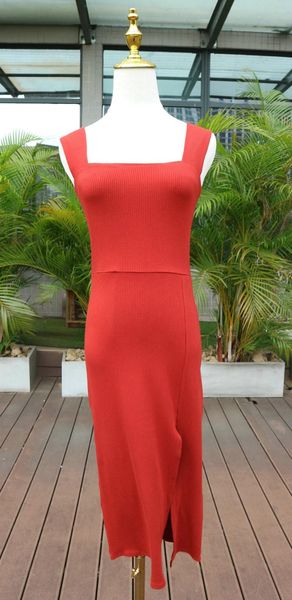 

casual dresses spring women dress / summer 2021 square collar knitted side split midi, Black;gray