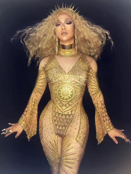 

women's jumpsuits & rompers high-end women costume sparkly gold rhinestones trumpet sleeve jumpsuit nightclub singer concert stage wear, Black;white